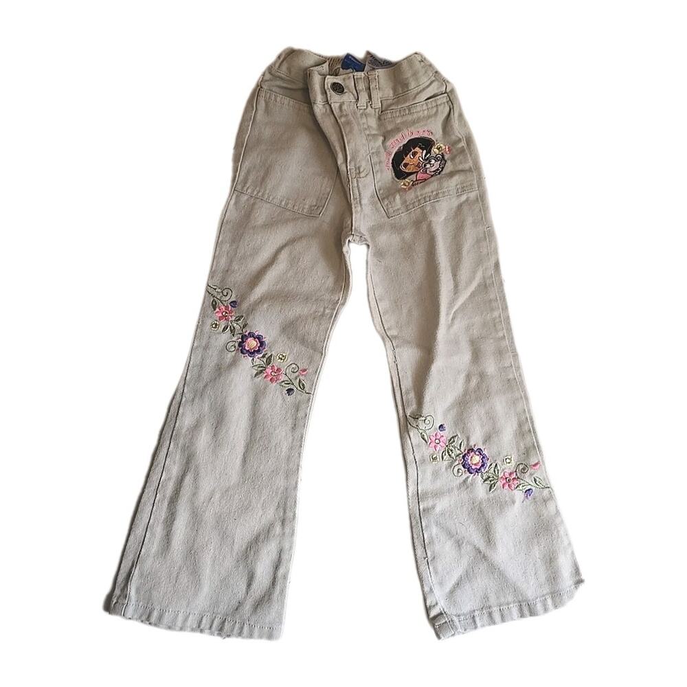 Vtg Nickelodeon Jr Tan Denim Embroidered Dora the Explorer Pants‎ Girls Size 5